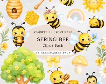 Spring Bee clipart, aquarel bee png bundel, honingbij baby shower kwekerij clipart, schattige bij commercieel gebruik