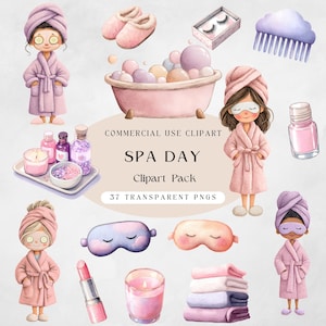 Könnte beinhalten: Aquarell-Illustration von Spa-Tag-Elementen. Enthält eine Badewanne, Spa-Produkte und Cartoon-Figuren in Bademänteln und Handtüchern. Der Text "SPA DAY Clipart Pack" ist ebenfalls sichtbar.