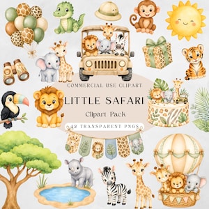 May include: A set of watercolour safari-themed clip art elements. Includes a jeep with animals, a cake, balloons, a sun, a toucan, a lion, a giraffe, an elephant, a zebra, and the text "LITTLE SAFARI Clipart Pack".