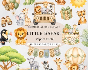 Imágenes prediseñadas de animales de safari adorables, imágenes PNG de la selva en acuarela, imágenes prediseñadas de safari para baby shower, animales de safari para guardería, uso comercial.
