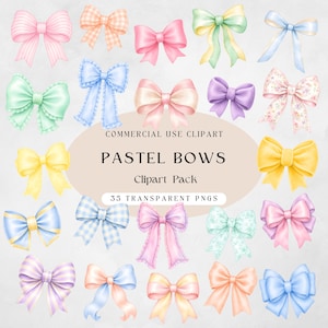 Op de afbeelding: Een verzameling van eenentwintig digitale illustraties van strikken in diverse pastelkleuren en patronen, waaronder gestreepte, ruitjes, bloemmotieven en effen ontwerpen. De centrale tekst luidt: COMMERCIAL USE CLIPART PASTEL BOWS Clipart Pack 35 TRANSPARENT PNGS.