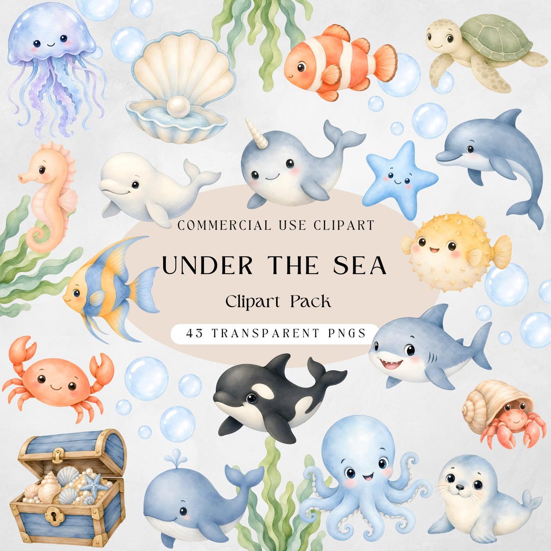 Under the Sea Clipart, Watercolor Ocean Animals PNG, Sea Life Baby Shower Clipart, Nursery