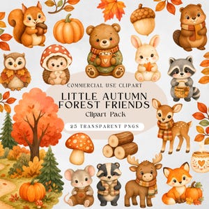 May include: A digital collection of autumn-themed illustrations featuring a squirrel, bear, owl, hedgehog, rabbit, raccoon, deer, mouse, badger, moose, and fox. Includes pumpkins, mushrooms, logs, and leaves with text: COMMERCIAL USE CLIPART LITTLE AUTUMN FOREST FRIENDS Clipart Pack 25 TRANSPARENT PNGS.