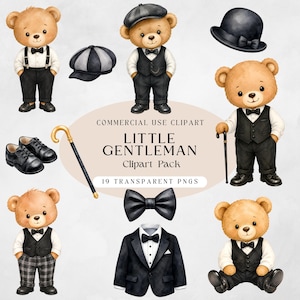 May include: A digital clipart collection featuring light brown teddy bears dressed in formal attire, including vests, bow ties, and suits. The set includes accessories like a cane, hats, and shoes, with text reading COMMERCIAL USE CLIPART LITTLE GENTLEMAN.
