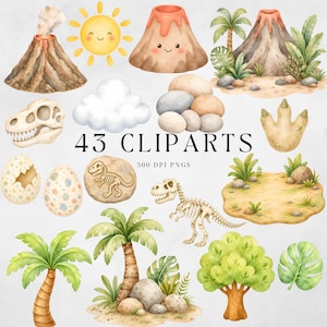 Commercial use dinosaur PNG pack with baby dinos, palm tree, sun, rocks and tropical leaves