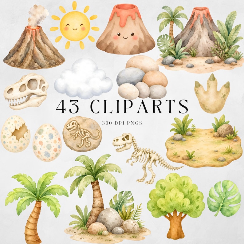 Commercial use dinosaur PNG pack with baby dinos, palm tree, sun, rocks and tropical leaves