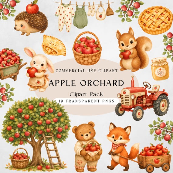 Apple Orchard Clipart Bundle, Watercolor Fall Apple PNG, Apple Tree Basket Animals Tractor, Commercial Use