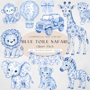 May include: A collection of watercolour clipart featuring blue toile safari animals and objects. Includes a monkey, hot air balloon, bow, jeep, giraffe, leopard, lion, banner, elephant, tiger, and zebra. The text reads "BLUE TOILE SAFARI Clipart Pack".