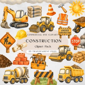 Ensemble d'images clipart de construction, véhicules de construction (PNG), images clipart aquarelle de construction, bulldozer, excavatrice et camion (PNG), usage commercial.