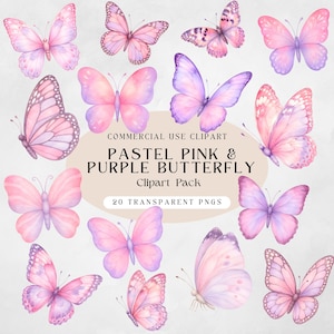 Pastel Butterfly Clipart Bundle, Pink Purple Watercolor Butterfly PNG, Girly Butterfly Clipart Commercial Use