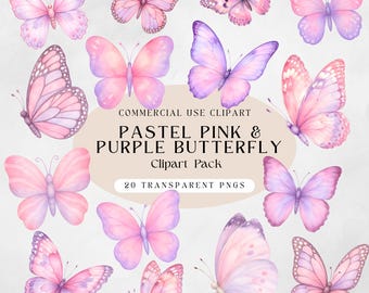 Paquete de imágenes prediseñadas de mariposas en tonos pastel, mariposas en acuarela rosa y morada en formato PNG, imágenes prediseñadas de mariposas femeninas para uso comercial.