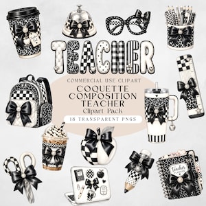 Può includere: Una collezione di clipart digitali in bianco e nero con fiocchi, che include un bicchiere da caffè con l'etichetta Teacher Fuel, un campanello da scrivania, occhiali, un portapenne, uno zaino, un bicchiere termico, un righello, forbici, una mela, un portatile e un'agenda.