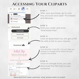 May include: A step-by-step guide on accessing clip art files after purchase. The image shows screenshots of the Etsy account, download options, and Google Drive access. Text includes "ACCESSING YOUR CLIPARTS" and instructions for downloading PNG files.