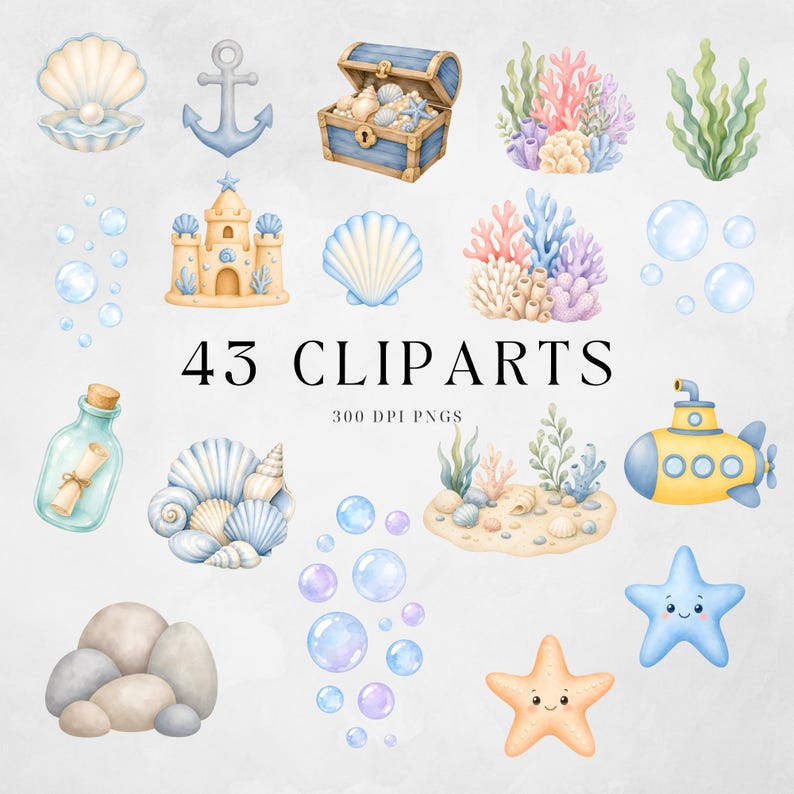 Commercial use under the sea clipart bundle with marine animals, bubbles, shell and treasure chest