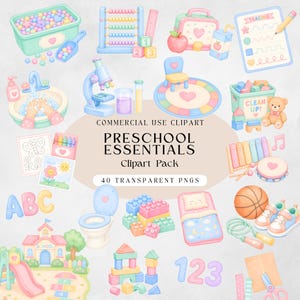 May include: A collection of pastel-coloured preschool-themed illustrations including an abacus, microscope, lunchbox, tracing sheet, sink, rug, toy bin, xylophone, building blocks, toilet, bed, basketball, trainers, jump rope, schoolhouse, and numbers.