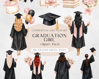May include: A collection of watercolour illustrations with a graduation theme. The images include graduation gowns, mortarboards, diplomas, bouquets, balloons, and a cake. The text reads "GRADUATION GIRL Clipart Pack" and "22 TRANSPARENT PNGS".