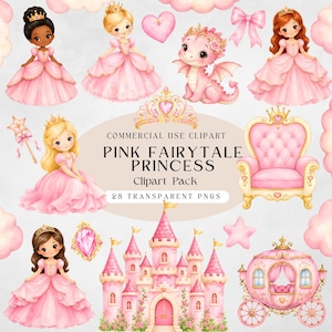 Paquete de imágenes prediseñadas de princesas, princesa de cuento de hadas rosa PNG, imágenes prediseñadas de castillo de acuarela con corona de dragón, uso comercial para cumpleaños y guarderías.
