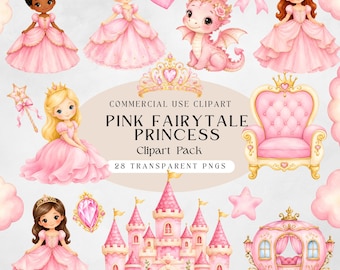 Paquete de imágenes prediseñadas de princesas, princesa de cuento de hadas rosa PNG, imágenes prediseñadas de castillo de acuarela con corona de dragón, uso comercial para cumpleaños y guarderías.