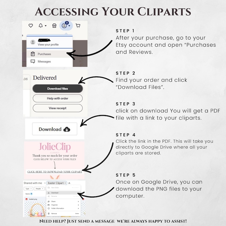 Puede incluir: Una gu&iacute;a paso a paso sobre c&oacute;mo acceder a los archivos de im&aacute;genes predise&ntilde;adas despu&eacute;s de la compra. La gu&iacute;a incluye capturas de pantalla de la cuenta de Etsy, botones de descarga y acceso a Google Drive. El texto incluye "ACCESSING YOUR CLIPARTS" y "NEED HELP? JUST SEND A MESSAGE WE'RE ALWAYS HAPPY TO ASSIST!"