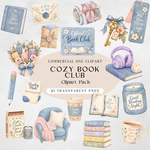 Cozy Book Club Watercolor Clipart Bundle, Book Lover Reading PNGs, 21 Commercial Use Designs