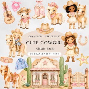Könnte beinhalten: Aquarell-Cliparts mit Cowgirl-Motiven. Enthält Illustrationen von Cowgirls, Pferden, Cowboy-Stiefeln, Hüten, einer Gitarre und einer Westernstadt. Der Text lautet "CUTE COWGIRL Clipart Pack 36 Transparent PNGs."