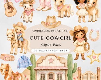 Cowgirl Clipart Bundle, Western Girl Watercolor PNG, Pink Horse Cowboy Boots Clipart, Rodeo Baby Shower birthday girl Commercial Use
