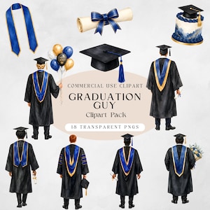 May include: Watercolor clipart set featuring graduation elements. Includes graduation gowns, mortarboards, diplomas, balloons, and a cake. The text reads "COMMERCIAL USE CLIPART GRADUATION GUY Clipart Pack 18 TRANSPARENT PNGS". The color palette includes blue, gold, and black.