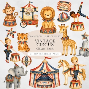 Op de afbeelding: Een digitale collectie vintage circus-illustraties met een aap, leeuw, tijger, giraf, olifant, zeehond, paard en artiesten. Bevat een popcornkar, circustent, heteluchtballon en sterren in de kleuren rood, blauw en goud.