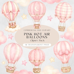 May include: A collection of pink hot air balloon clipart. The balloons have various designs, including stripes, polka dots, and bows. Each balloon has a wicker basket and is decorated with ribbons and stars. The text reads "PINK HOT AIR BALLOONS Clipart Pack".
