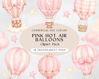 Imágenes prediseñadas de globos aerostáticos rosas, paquete PNG de acuarelas para baby shower, imágenes prediseñadas para guardería de niña, uso comercial de globos rosas suaves