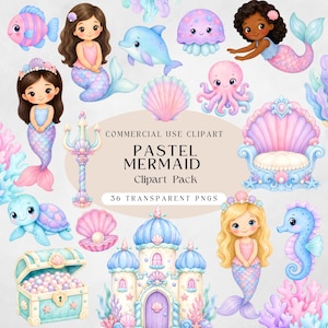 Paquete de imágenes prediseñadas de sirenas en tonos pastel, sirenas en acuarela PNG, animales marinos, decoración infantil de sirenas para cumpleaños, uso comercial.