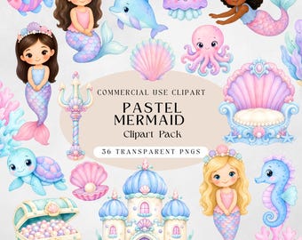 Pastel Mermaid Clipart Bundle, Watercolor Mermaid PNG, Under the Sea Animals, Mermaid Birthday Nursery, Commercial Use
