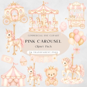 Puede incluir: Una colección de imágenes prediseñadas con temática de carrusel en rosa y dorado. El conjunto incluye un carrusel, figuras de unicornios, un carruaje, un carrito de algodón de azúcar, globos y un oso de peluche. El texto en la imagen dice "PINK CAROUSEL Clipart Pack" y "34 TRANSPARENT PNGS".