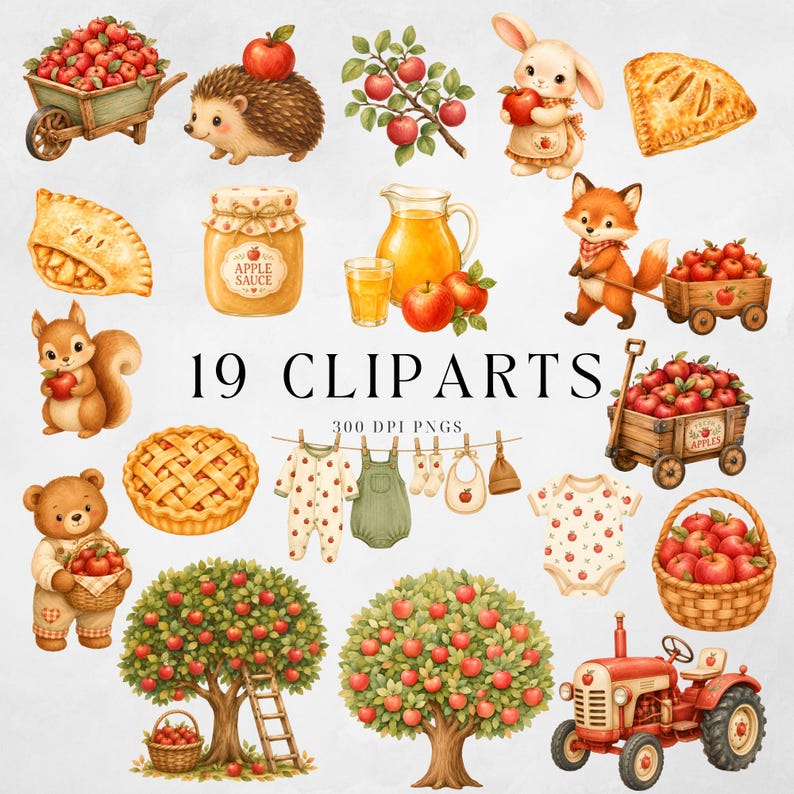Watercolor apple harvest PNG designs with cute animals, tractor, apple cart and cozy autumn elements.