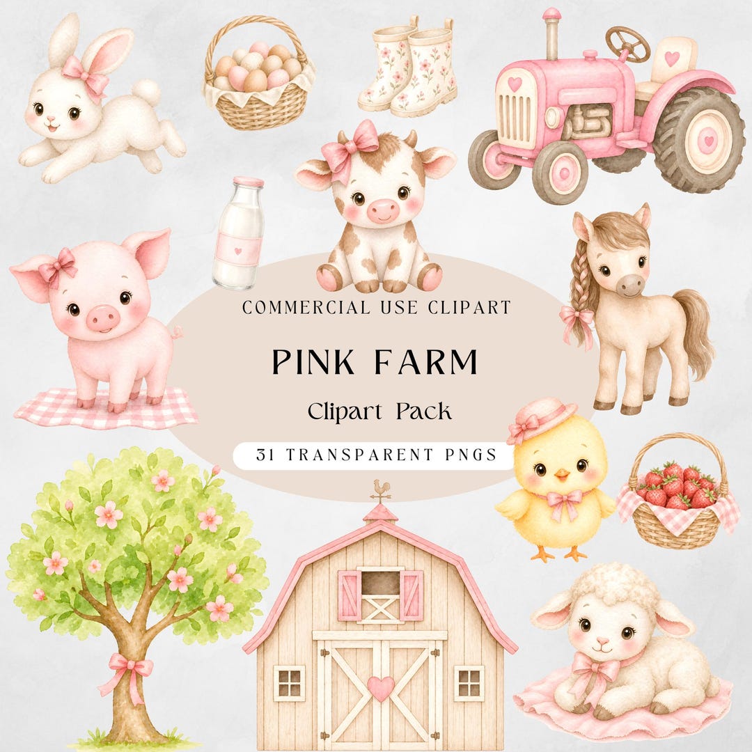 Pink Farm Clipart Watercolor, Baby Farm Animals Clipart, Cute Cow Pig ...