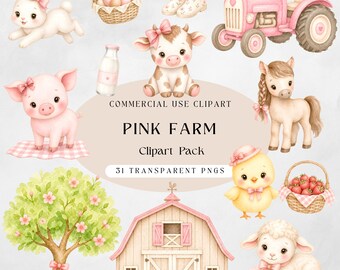 Pink Farm Clipart Watercolor, Baby Farm Animals Clipart, Cute Cow Pig Bunny Chick, Girl Farm Theme PNG, Baby Shower Clipart, Nursery Decor