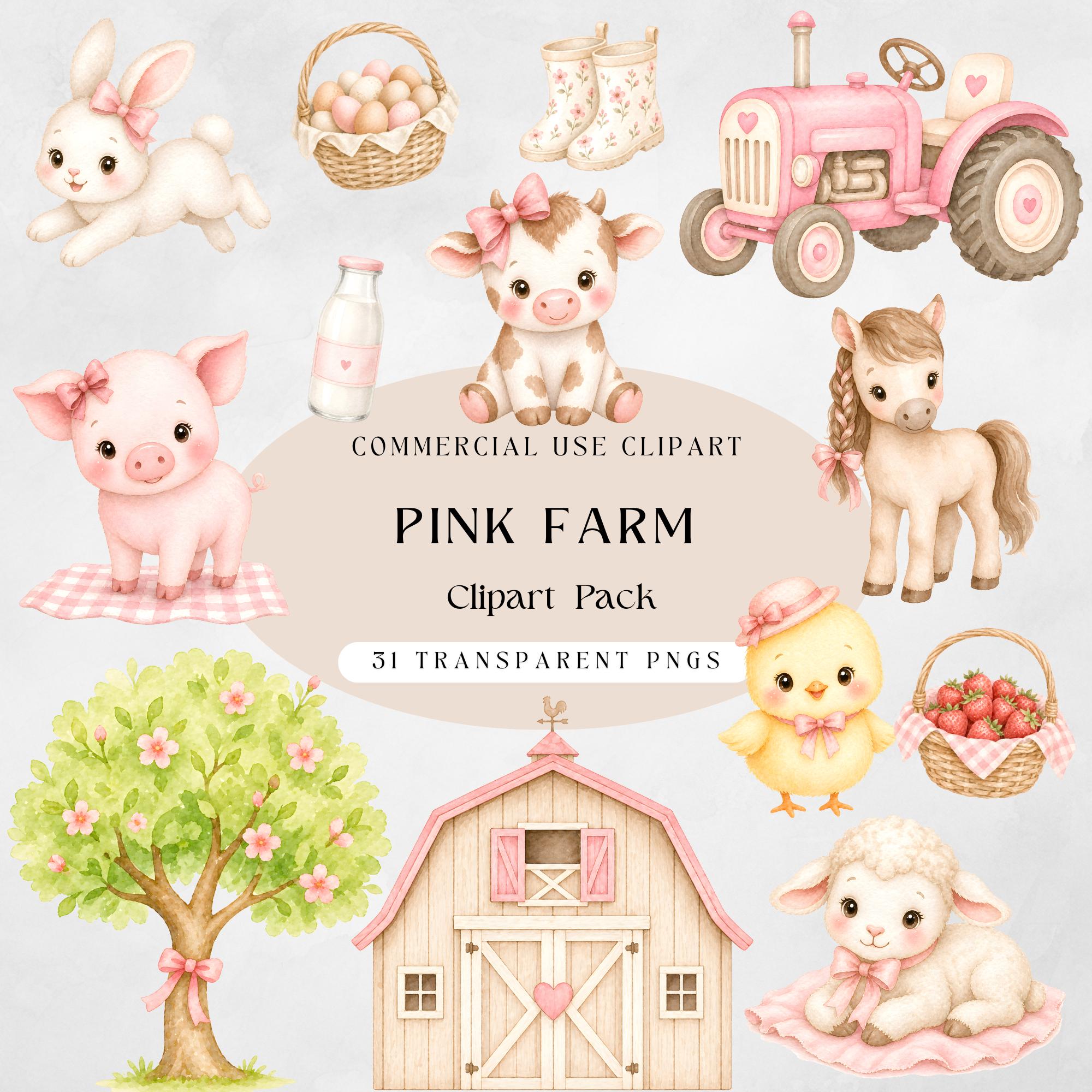 Pink Farm Clipart Watercolor, Baby Farm Animals Clipart, Cute Cow Pig ...