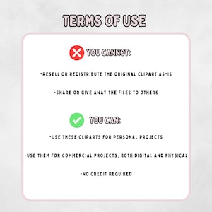 May include: A pink-bordered graphic with the text "TERMS OF USE." It details what is and isn't allowed when using the clipart. The text includes "YOU CANNOT" and "YOU CAN" with bullet points.