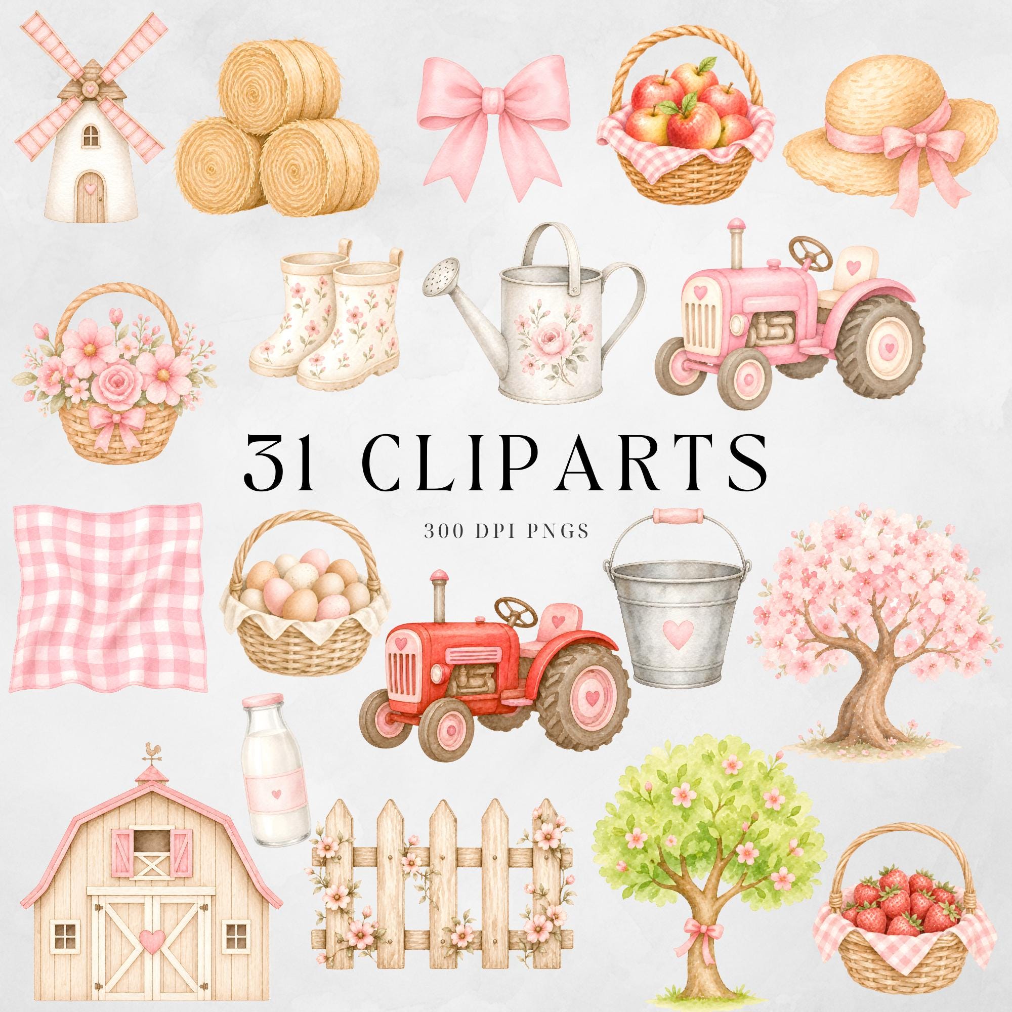 Pink Farm Clipart Watercolor, Baby Farm Animals Clipart, Cute Cow Pig ...
