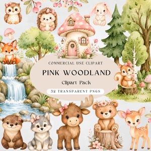 Op de afbeelding: Watercolor clipart pakket met bosdieren zoals een vos, uil en hert, samen met een paddenstoelenhuis en waterval. De tekst luidt "PINK WOODLAND Clipart Pack" en "32 TRANSPARENT PNGS".