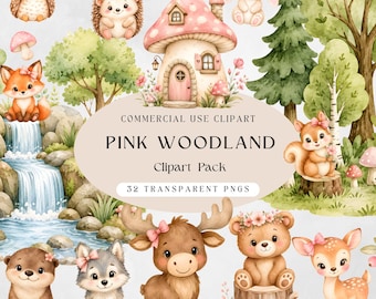 Peut inclure: Pack d'images clipart aquarelles avec des animaux de la forêt, comme un renard, un hibou et un cerf, ainsi qu'une maison champignon et une cascade. Le texte indique "PINK WOODLAND Clipart Pack" et "32 TRANSPARENT PNGS".