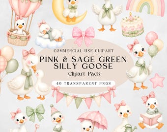 Imágenes prediseñadas de gansos graciosos, paquete PNG de gansos rosa y verde salvia, imágenes prediseñadas de acuarela para baby shower y guardería, gansos lindos para uso comercial.