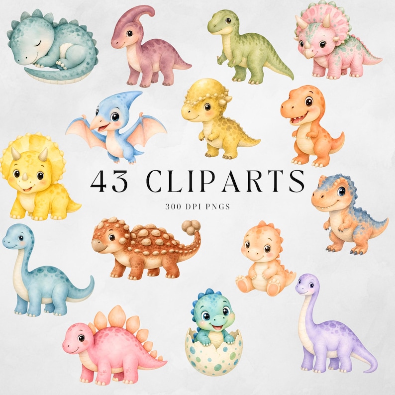 Cute dinosaur clipart set for birthday invitations, baby shower designs and nursery decor