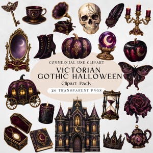 Puede incluir: Una colección digital de 26 imágenes prediseñadas de Halloween gótico victoriano que incluyen una calavera, un carruaje de calabaza, un espejo ornamentado, una bola de cristal, un candelabro, una tetera, un reloj de arena, un ataúd y una mansión.