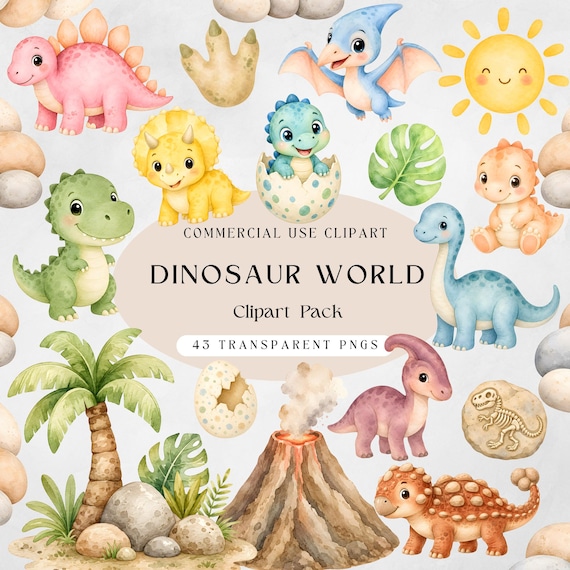 Dinosaur Clipart Bundle, Watercolor Dino PNG, Dinosaur World Baby Shower Nursery Clipart, Cute Dinosaur , pastel Dinosaur Commercial Use