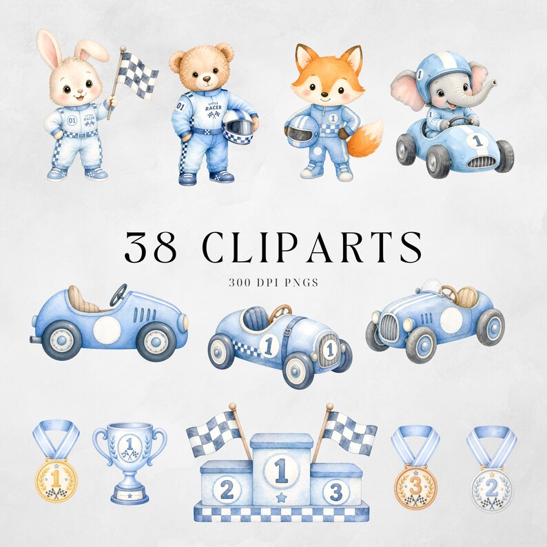 Watercolor Little Racer Clipart Blue Vintage Race Car Baby Boy Birthday ...