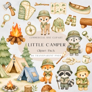 Ensemble d'images clipart pour enfants sur le thème du camping, animaux de la forêt à l'aquarelle (PNG), images clipart pour une aventure de camping en forêt, usage commercial pour les campeurs