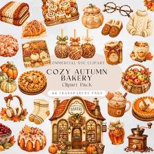 Può includere: Una collezione digitale di illustrazioni a tema autunnale con un edificio di panetteria, vari pasticcini, zucche, abbigliamento in maglia e cibi stagionali con il testo COZY AUTUMN BAKERY Clipart Pack 44 TRANSPARENT PNGS al centro.
