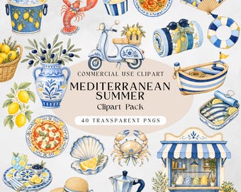 Mediterranean Summer Clipart Bundle, Italian Coast Watercolor PNG, Amalfi Lemon Food and Beach, Commercial Use