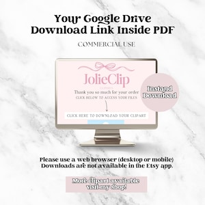 Puede incluir: Un monitor de computadora muestra una pantalla rosa con el texto "JolieClip CLIPARTS" e instrucciones para descargar im&aacute;genes predise&ntilde;adas. La imagen incluye el texto "Your Google Drive Download Link Inside PDF" y "COMMERCIAL USE."